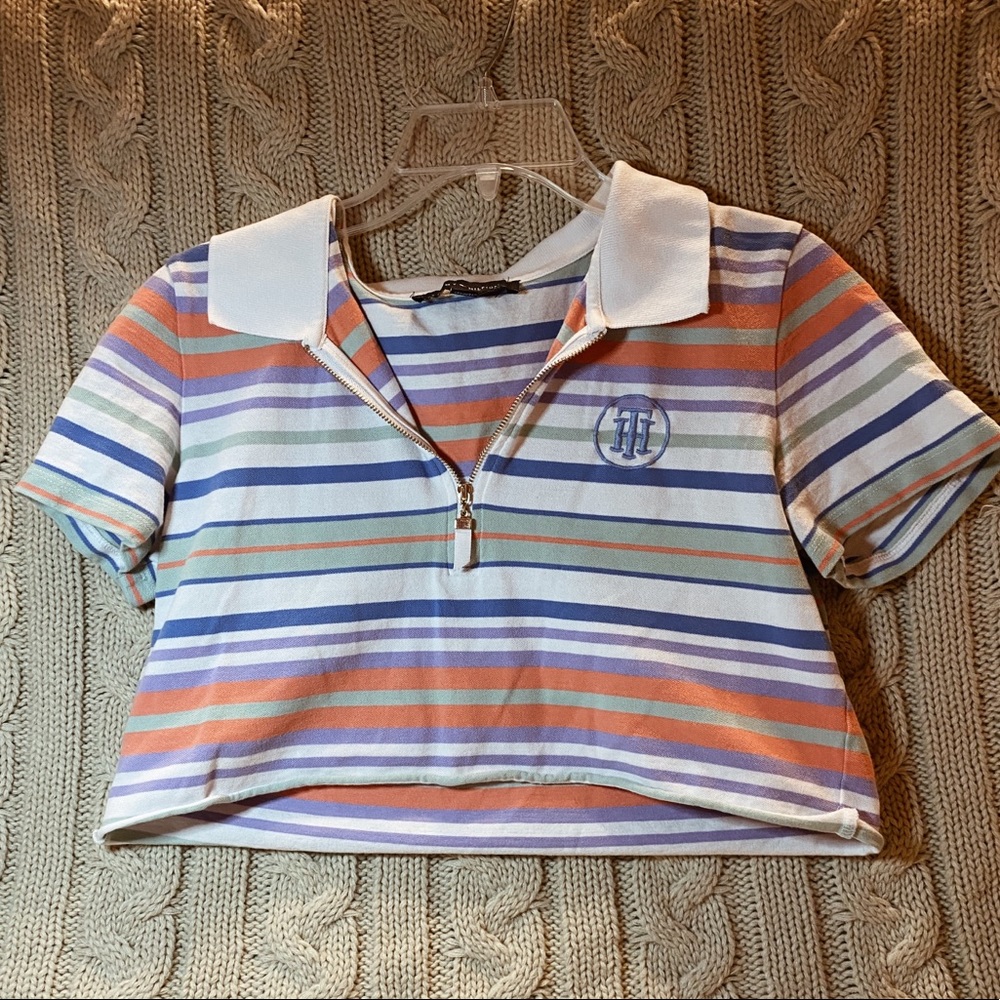 Cropped Tommy Hilfiger striped polo, size medium